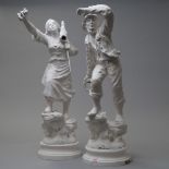 Two large French Victorian spelter figures of a Fisherman 'rescue' and a maiden 'distress' both