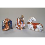 Three Royal crown Derby paperweights, A snake, a dragon and a horse, repair to dragon and all are