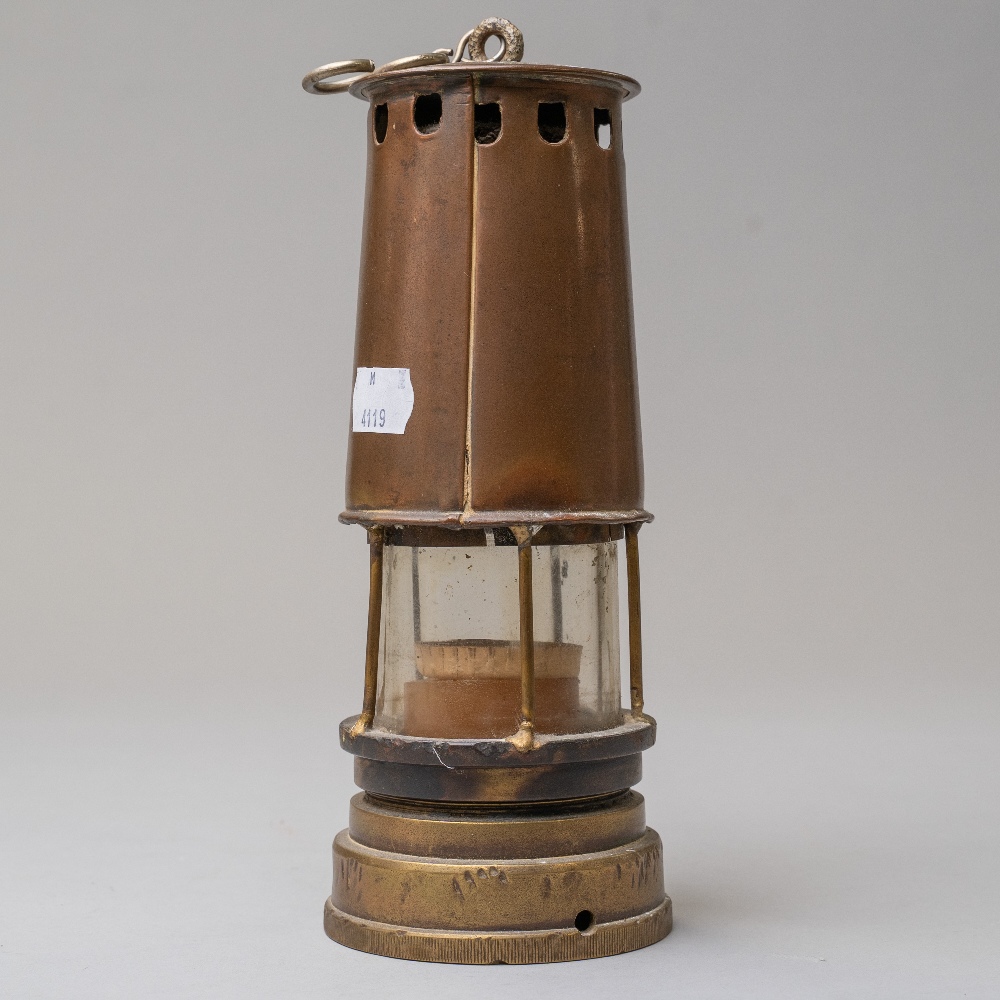 An antique coal miners or similar safety lamp having a copper and brass casing bearing name badge - Image 2 of 3