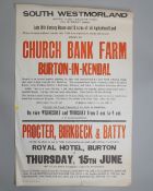 A vintage advertising poster for South Westmorland Church Bank Farm Burton in Kendal agricultural