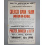 A vintage advertising poster for South Westmorland Church Bank Farm Burton in Kendal agricultural