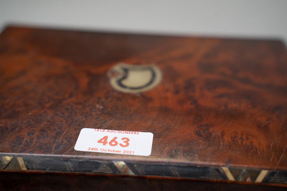 A fine sewing or haberdashery case having walnut burr or burl outer case with ebony an mother of - Image 2 of 4