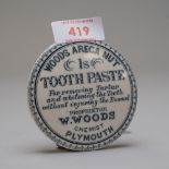 A ceramic paste pot lid Woods Areca Nut Tooth Paste, by W.Woods Chemist Plymouth. Lid in excellent
