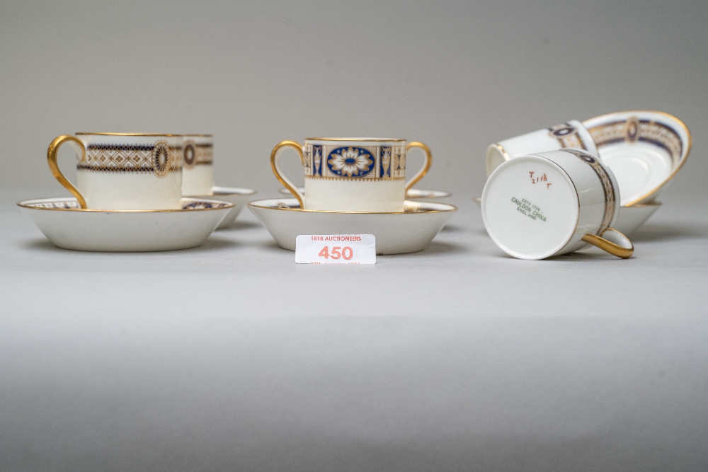 A set of six coffee cups or canister with saucers bearing a green Cauldon china stamp having