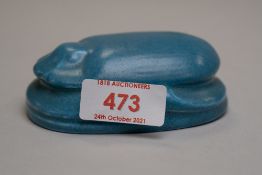 A Pilkingtons Lancastrian art deco paper weight in blue glaze in the form of an Egyptian scarab