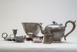 A mixed collection of items including pewter bowl with hexagonal foot, candlestick holder with