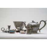 A mixed collection of items including pewter bowl with hexagonal foot, candlestick holder with