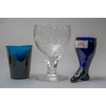 A Bristol blue glass in the form of a boot a small green toasting glass engraved W6H and a rummer