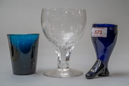 A Bristol blue glass in the form of a boot a small green toasting glass engraved W6H and a rummer