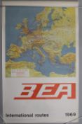 a vintage advertising poster for BEA British European Airways with map showing flight paths and