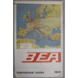 a vintage advertising poster for BEA British European Airways with map showing flight paths and