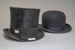 An antique top hat having no makers name and a vintage bowler hat labelled Moores, J moores and sons