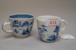 Two Chinese export hard paste tea cups including one in traditional willow wear design and similar