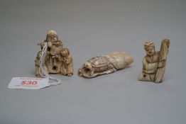 A selection of Japanese netsuke or netsky including turtle emerging from foliage bearing seal mark,