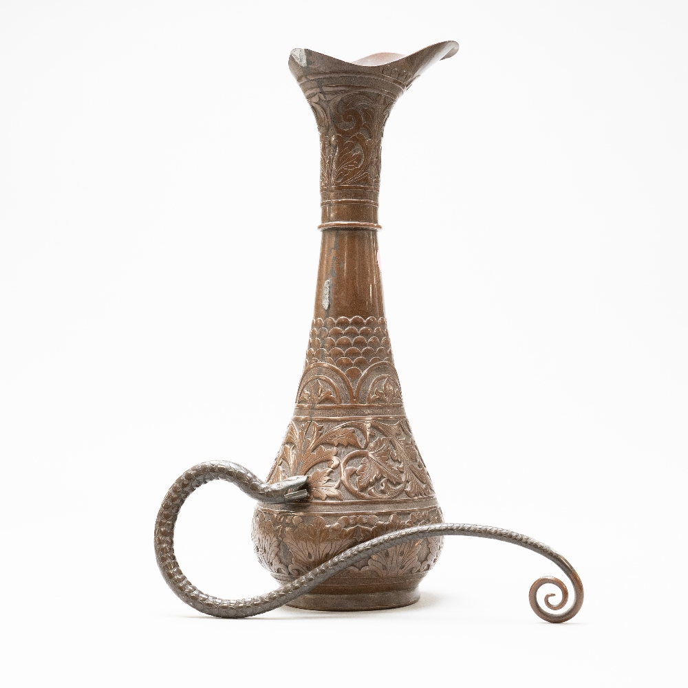 An arts and crafts styled water jug or ewer having a heavily worked copper body decorated with - Image 5 of 5