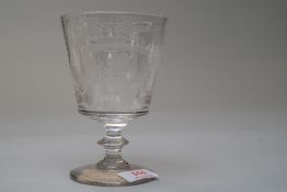 A 19th century goblet, engraved with Sunderland bridge and sailing ship, cartoushe having initials