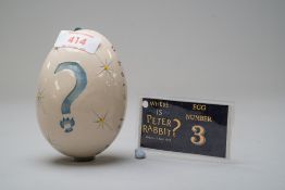 A local interest 2017 ceramic Peter Rabbit Lakeland treasure trail egg, very limited in