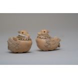 A pair of ornately carved Japanese netsuke of a male and female duck carved in animal horn and