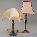 Two wooden lamp base with lacquer work in an art deco Chinoiserie design with fine shades to
