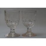 A pair of late 18th early 19th century rummers with grape and barley etched decoration to bowl