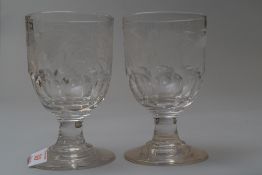 A pair of late 18th early 19th century rummers with grape and barley etched decoration to bowl