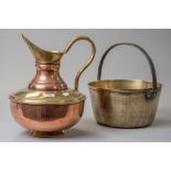 A traditional brass jam pan with cast handle and a copper and brass water jug having large squat