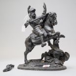 A late Victorian metal spelter figure study of a medieval knight on horse back in a battle stance.