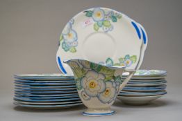 A collection of Royal Doulton tea ware in the Plaza design having an art deco floral transfer