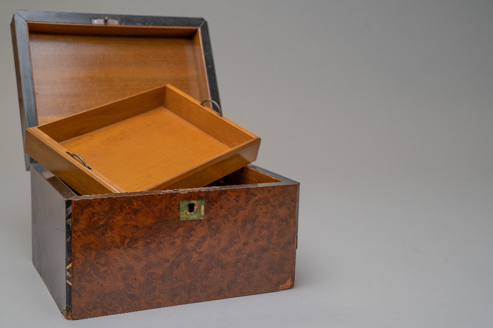 A fine sewing or haberdashery case having walnut burr or burl outer case with ebony an mother of - Image 3 of 4