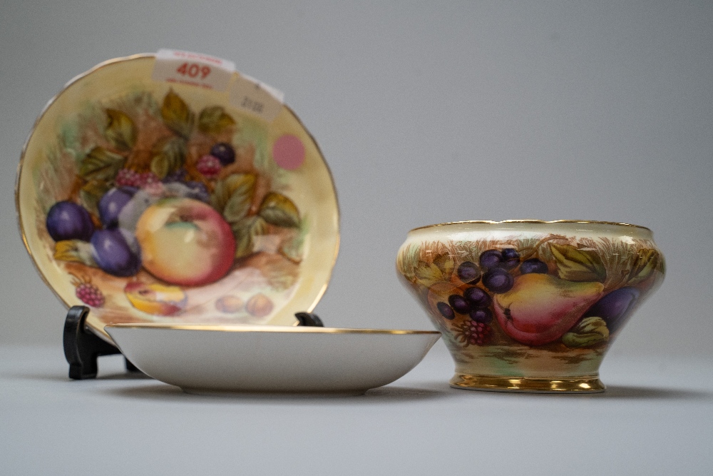 Three ceramic pieces by Aynsley in the Orchard Gold design including one pin dish stamped D Jones,