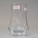 A modern clear cut crystal etched glass vase depicting a tucan bird signed LS 74 to base and