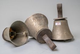 Thirty late Victorian musical church or similar hand bells having brass bodies with leather strap