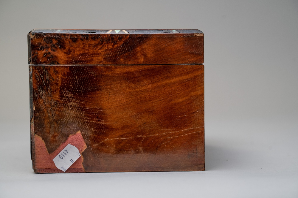 A fine sewing or haberdashery case having walnut burr or burl outer case with ebony an mother of - Image 4 of 4