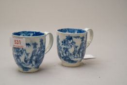 A pair of late Georgian tea cups in a Worcester style design depicting lady sat with a tin glaze