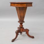 A 19th Century mahogany and burr walnut sewing table of octagonal top, with lift flap and fitted