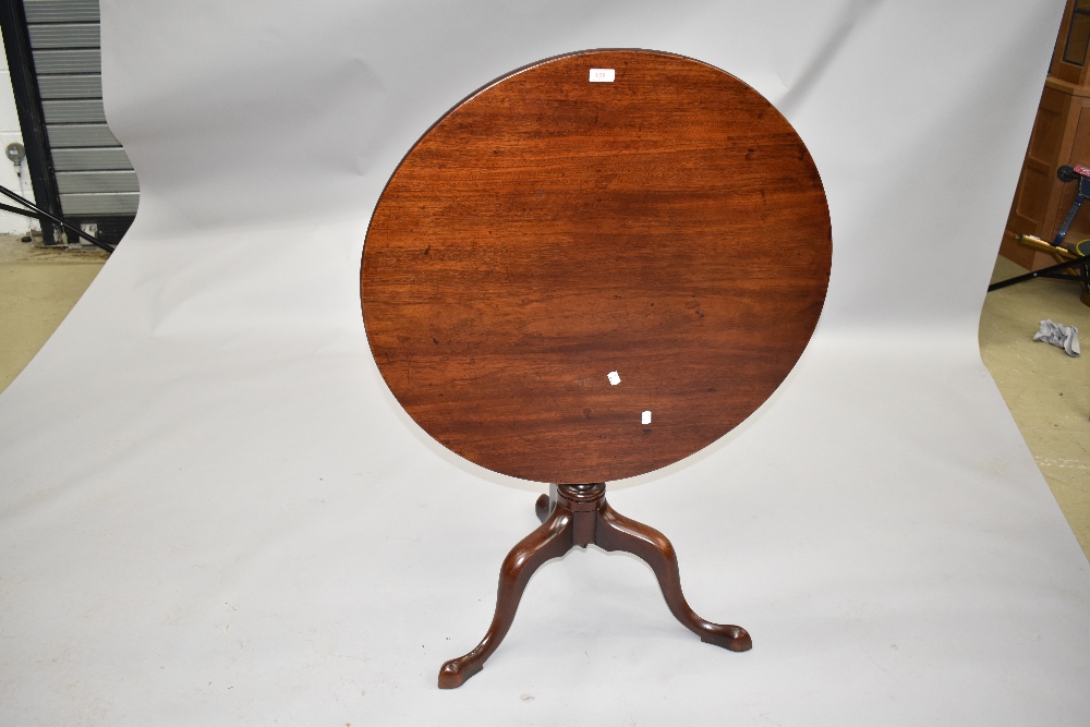 A 19th Century mahogany pedestal table having snap top on turned column and triple splay legs , - Image 3 of 3