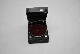 An early 20th Century gramophone , Columbia model 109, includes a tin of HMV needles , case a bit