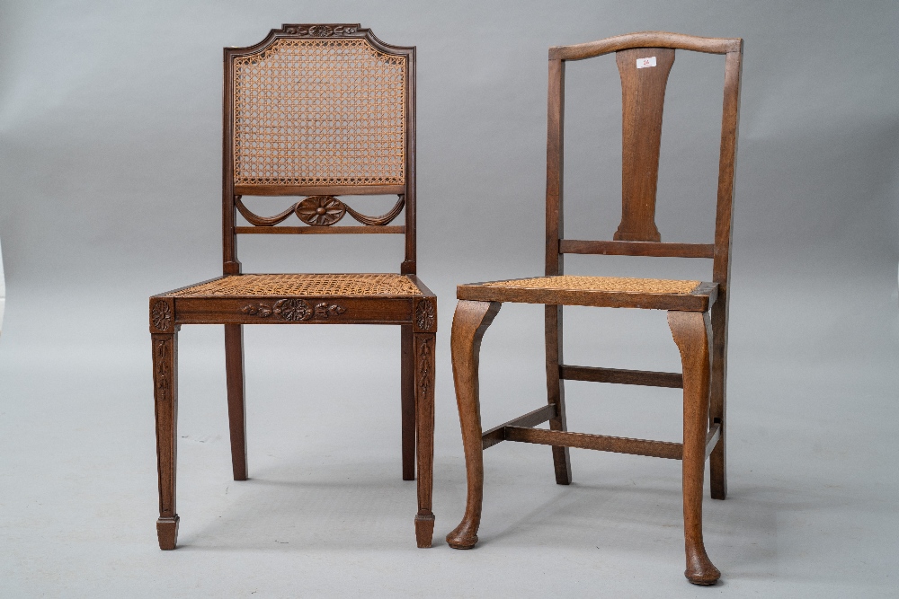 An early 20th Century mahogany frame bedroom chair having slat back, bergere canework seat and