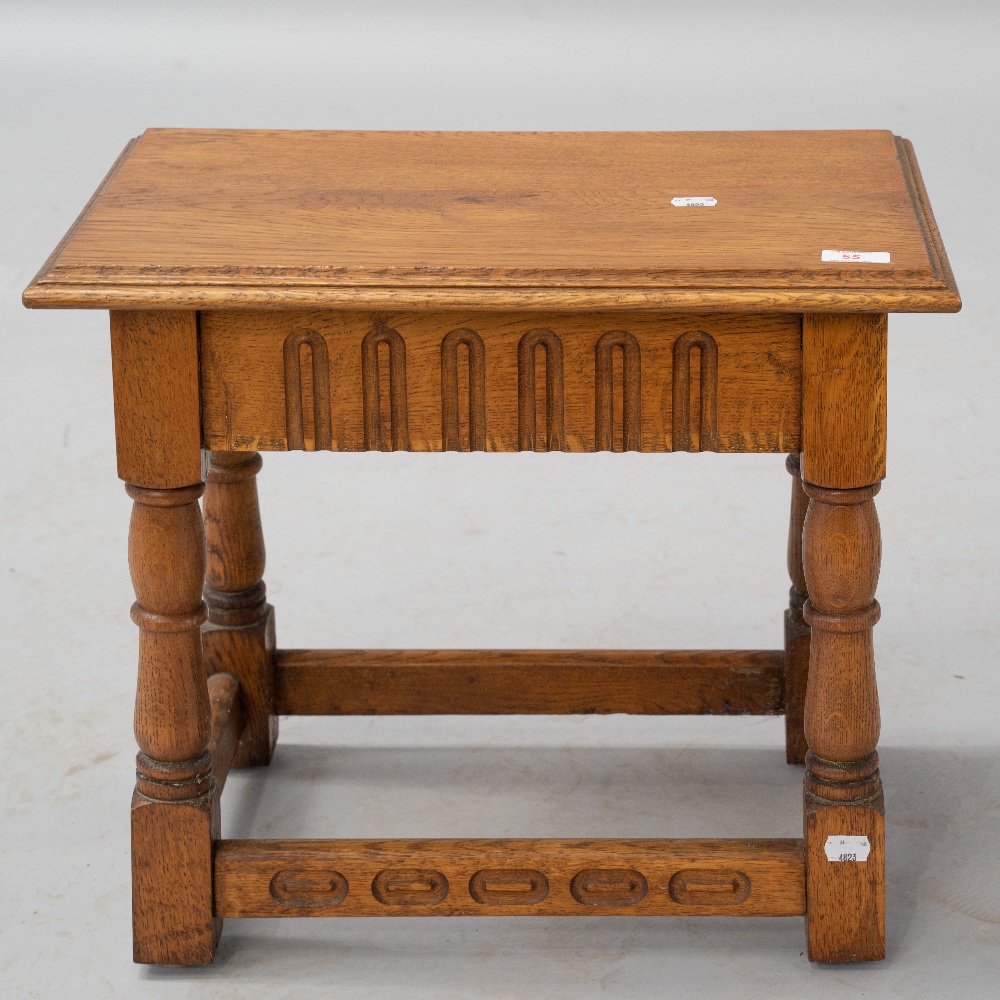 A golden oak refectory style occasional table, in the Priory style, approx. 48 x 30cm, height 43cm