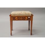 A Sheraton revival style mahogany piano stool having satinwood inlay decoration depicting mythical