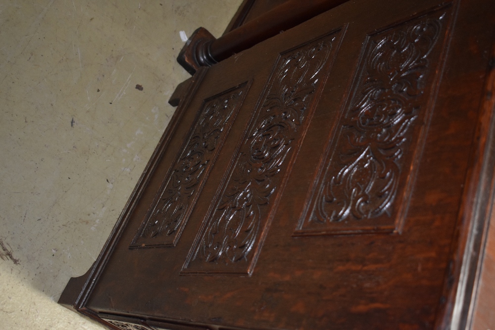 A 19th Century oak desk having extensively carved drawers, no keys but all drawers currently - Image 4 of 6