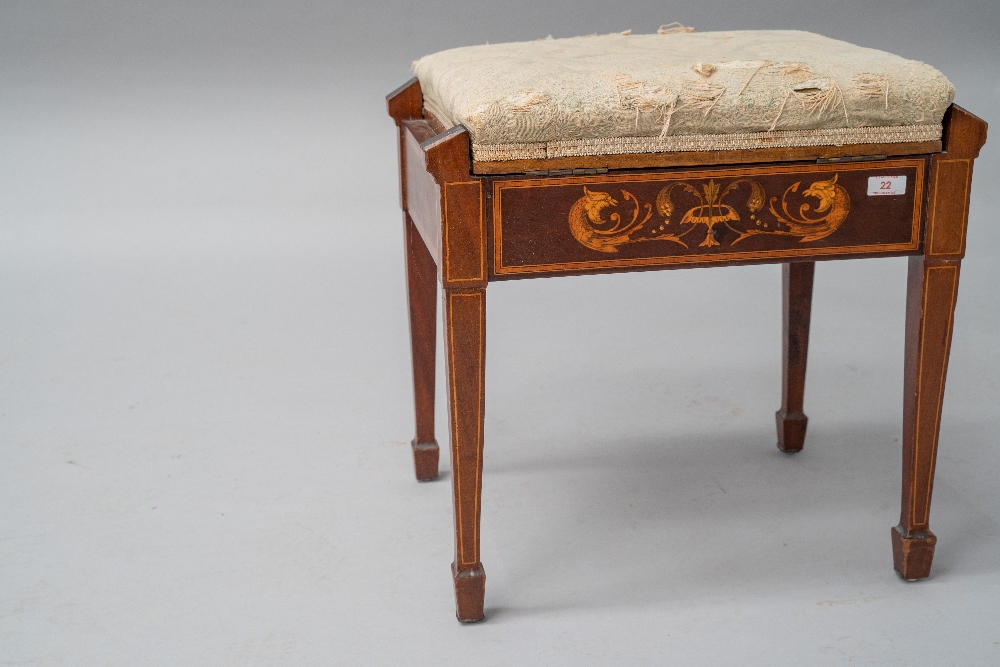 A Sheraton revival style mahogany piano stool having satinwood inlay decoration depicting mythical - Image 3 of 4