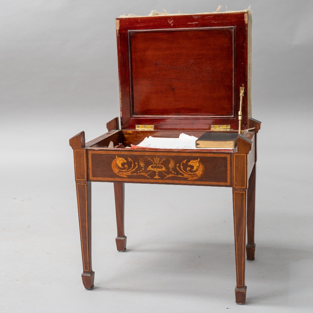 A Sheraton revival style mahogany piano stool having satinwood inlay decoration depicting mythical - Image 4 of 4