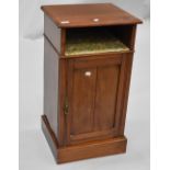 A Victorian mahogany pot cupboard having open shelf over cupboard with brass drop handle, dimensions