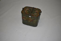 A painted Romany style pine box, with snap closings and handle, maybe for bait? Dimensions approx.