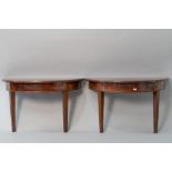 A pair of 19th Century mahogany and inlaid demi lune hall tables, front legs only, been secured to