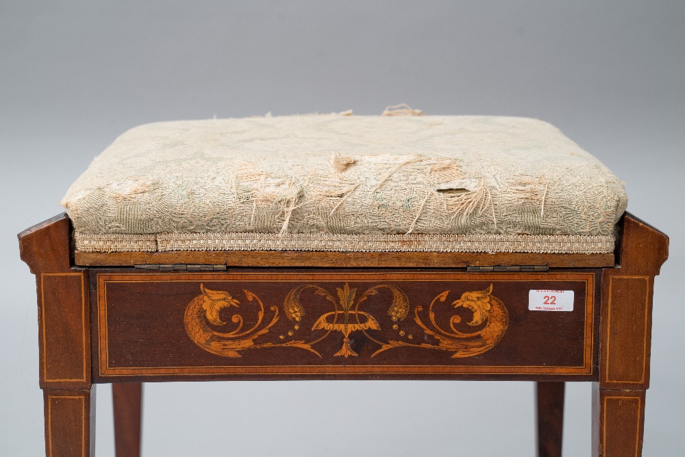 A Sheraton revival style mahogany piano stool having satinwood inlay decoration depicting mythical - Image 2 of 4