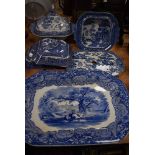 A selection of blue and white table wares including lidded tureen and drip tray