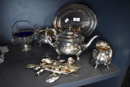 A selection of silver plated wares including part tea service and collectable spoons