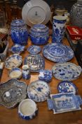 A selection of blue and white wear ceramics including Ringtons tea and Royal Copenhagen